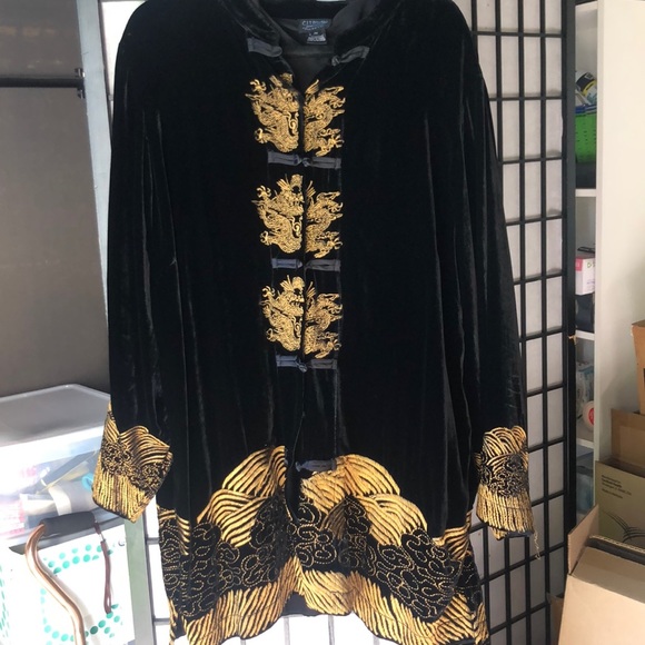 Jackets & Blazers - Dragon themed black velvet jacket “gold” embroider